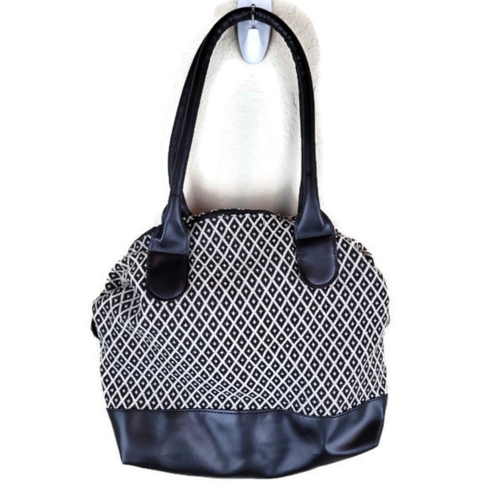 (1305)  Gold Coast Black Faux Leather Tapestry Handbag New
